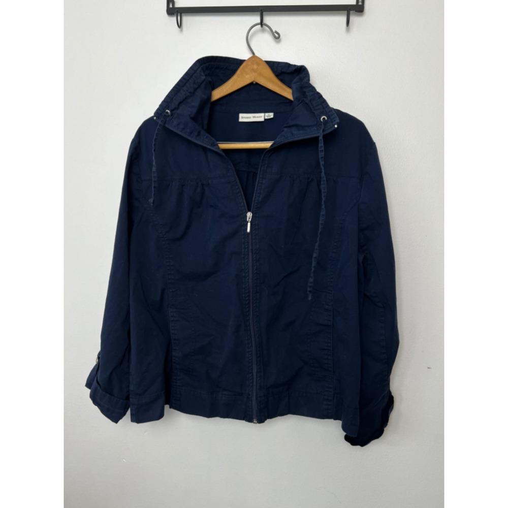 Studio Works Womens XL Navy Blue Zip Up Cropped Utility Jacket Lightweight